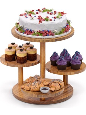 Mavi Trend Çiçeklik 4 Raflı Saksılık Dekoratif 5 Raflı Sunumluk Pasta Sunumluğu Doğal Ahşap Saksılık Daire Mod