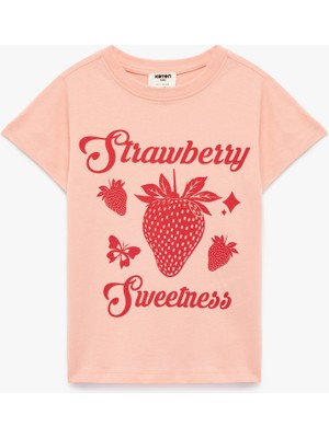 Koton Çilek Baskılı Kısa Kollu Bisiklet Yaka Pamuklu Tişört