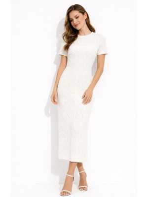 Kadın Beyaz Kısa Kollu Arkası Yırtmaçlı Uzun Elbise + Iç Göstermeyen Askılı Mini Elbiseli - Beyaz