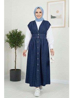 Kadın V Yaka Düğmeli Koyu Kot Mavi Jile