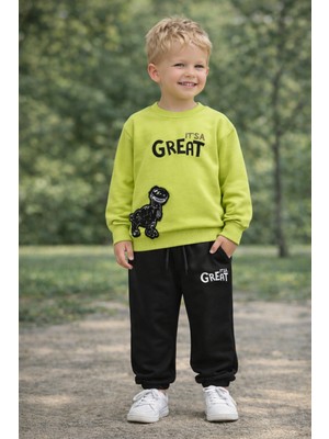 Zepkids Bisiklet Yaka Great Nakışlı Yeşil Siyah Renk Erkek Çocuk Eşofman Takımı