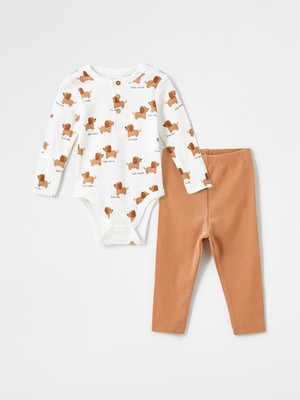 Lc Waikiki Yeni Sezon Bisiklet Yaka Baskılı Kız Bebek Çıtçıtlı Body ve Tayt 2'li