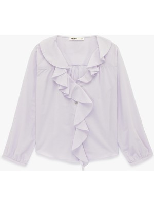 Koton Volanlı Fırfırlı V Yaka Uzun Kollu Pamuklu Gömlek