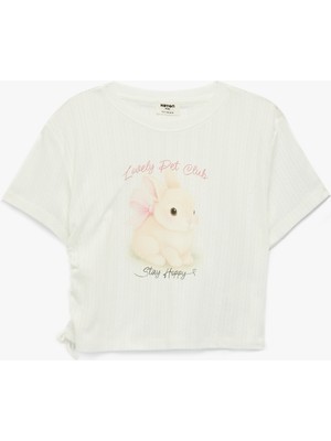 Koton Bisiklet Yaka Kısa Kollu Büzgü Detaylı Tavşan Baskılı Crop Tişört