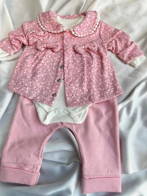 bebexy Çiçek Ceketli Alt Üst Takım 3 Parça Pembe Ayıcıklı