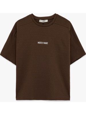 Koton Kısa Kollu Bisiklet Yaka Nakışlı Oversize Tişört