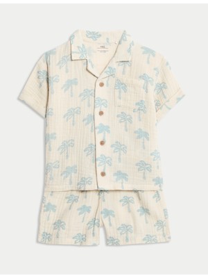 Marks & Spencer 2'li Saf Pamuklu Palmiye Desenli Üst ve Alt Takım (0-6 Yaş)