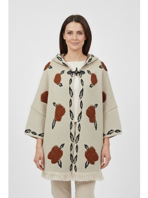 uludağ triko Bej Kabartmalı Gül Desenli Kapüşonlu Kadın Panço