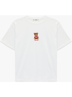 Koton Kısa Kollu Ayıcık Nakışlı Bisiklet Yaka Oversize Tişört