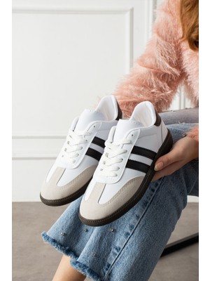 Eformoda Beyaz Siyah Unisex Kadın Erkek  Şeritli Rahat Taban Günlük Sneaker Spor Ayakkabı SM03
