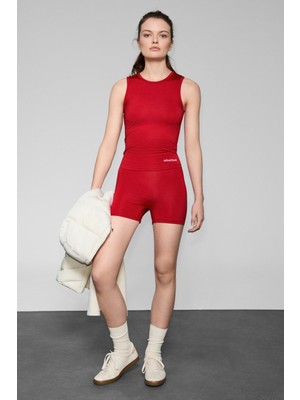 Urban Beat Runles Kadın Baskı Detaylı Slim Fit Sporcu Kısa Kırmızı Tayt