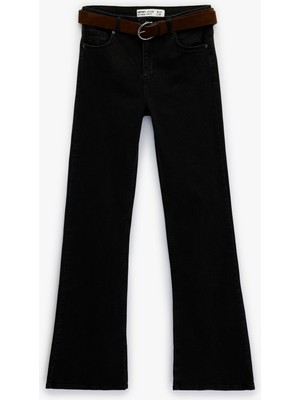Koton Dar Kesim Kemerli Düğmeli Ispanyol Paça Denim Pantolon - Flare Jeans