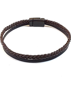 Herşey Nota Brown Pure Braid – Koyu Kahverengi Örgü Detaylı Siyah Erkek Deri BILEKLIK-1405
