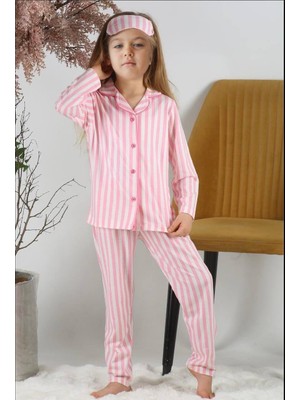 Cg Kids Pembe Çizgili Uyku Göz Bandanalı Pamuklu Kız Çocuk Alt Üst Pijama Takımı