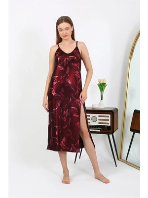 Kadın Ip Askılı Uzun Parlak Micro Elbise Gecelik Bordo