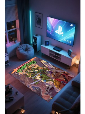 Reyhani Ninja Kaplumbağalar-1 Desenli Kaymaz Taban Makinede Yıkanabilir Gaming Oyuncu Gamer Genç Odası Halısı