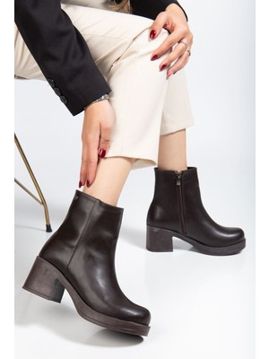 Arda Bayan Bot 5109-3022 Kahve Fermuarlı Kalın Topuklu Günlük Kadın Bot