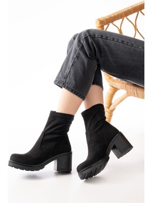 Arda Bayan Bot 767-3040 Siyah Süet Günlük Kalın Topuklu Kadın Bot