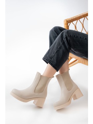 Arda Bayan Bot 5109-3056 Bej Lastikli  Kalın Topuklu Günlük Kadın Bot