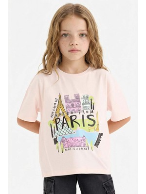 DeFacto Oversize Geniş Kalıp Bisiklet Yaka Baskılı Kısa Kollu Tişört Kız Çocuk E0356A825SM