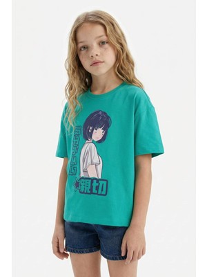 DeFacto Kız Çocuk Oversize Geniş Kalıp Bisiklet Yaka Baskılı Kısa Kollu Tişört E0356A825SM