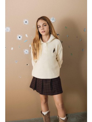 DeFacto Polo Yaka Nakışlı Triko Kazak Kız Çocuk G3060A825AU