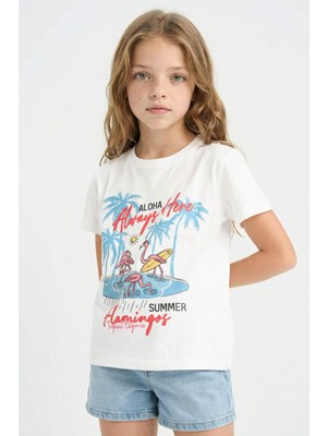 DeFacto Kız Çocuk Bisiklet Yaka Baskılı Kısa Kollu Tişört E0383A825SM