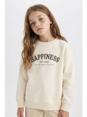 DeFacto Kız Çocuk Relax Fit Bisiklet Yaka Baskılı Okul Sweatshirt D9078A825SP