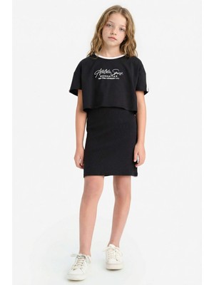 DeFacto Kız Çocuk 2'li Takım Fitilli Kaşkorse Elbise Baskılı Kısa Kollu Tişört D2339A825SM