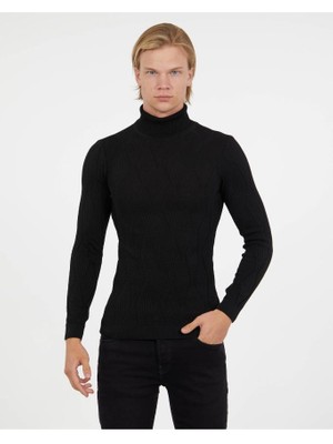 Elku Moda Erkek Boğazlı Triko Kazak Pamuklu Kendinden Desenli Balıkçı Yaka Slimfit Kazak