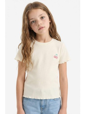 DeFacto Slim Fit Dar Kesim Bisiklet Yaka Baskılı Fitilli Kaşkorse Kısa Kollu Tişört Kız Çocuk D9538A825SM