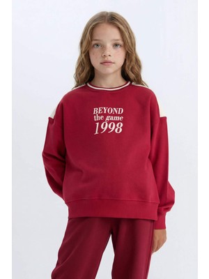 DeFacto Kız Çocuk Relax Fit Bisiklet Yaka Baskılı İçi Yumuşak Tüylü Okul Sweatshirt D4274A824WN