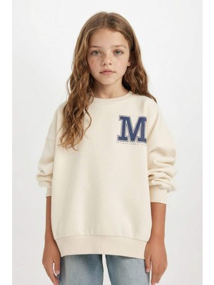 DeFacto Oversize Geniş Kalıp Bisiklet Yaka Baskılı Sweatshirt Kız Çocuk D4383A824WN