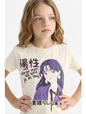 DeFacto Kız Çocuk Bisiklet Yaka Baskılı Kısa Kollu Tişört E0350A825SM