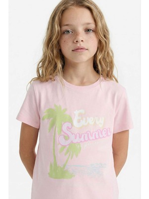 DeFacto Bisiklet Yaka Baskılı Kısa Kollu Tişört Kız Çocuk E0351A825SM