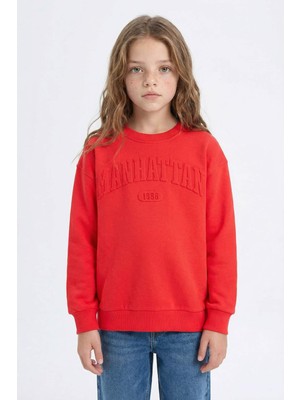 DeFacto Kız Çocuk Kırmızı Bisiklet Yaka Baskılı Sweatshirt D6627A824AU