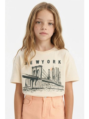 DeFacto Relax Fit Bisiklet Yaka Baskılı Kısa Kollu Tişört Kız Çocuk E0355A825SM
