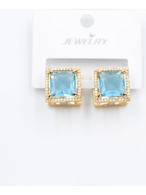 Mega Sepetim Kare Taşlı Küpe - Turkuaz