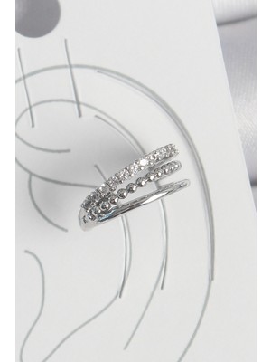 Pirinç Gümüş Renk Zirkon Taşlı 3'lü Sıralı Model Kadın Kıkırdak Küpe EB-53-VICE/(1395) 4797