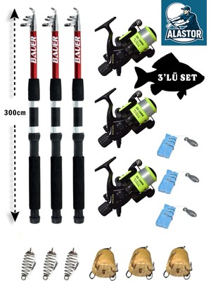Alastor Sazan Hazır 3'lü Olta Takımı Hazır Göl Tatlı Su Olta Seti 3'erli Olta Seti Pegasus 300CM Sazan