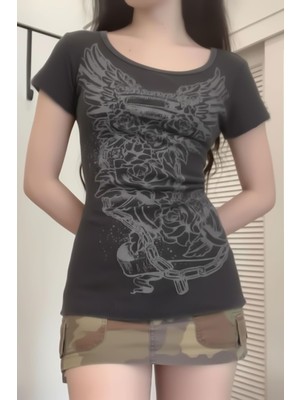 Kara Kedi Füme Gotik Vintage Rose Kısa Kollu Crop