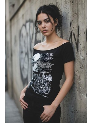 Siyah Skulls Letter Love Body Cyber Grunge Madonna Yaka Y2K Kısa Kollu Crop