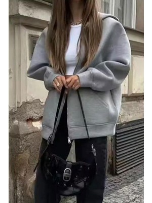 Kara Kedi Gri Melanj Kalın Kumaş Y2K Unisex Kapüşonlu Hırka