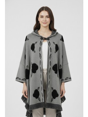 uludağ triko Gri Siyah Kabartmalı Gül Desenli Kapüşonlu Kadın Panço