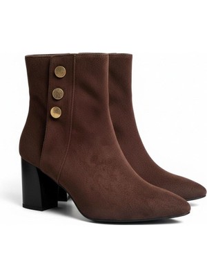 Ne&Ve Shoes Kahve Kadife Gold Aksesuar Detaylı Kadın Sivri Burunlu Bot