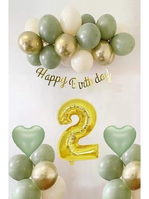 Patladı Gitti Adaçayı Konsept Doğum Günü Seti; Küf Yeşili-Krom - Deniz Kumu ve Adaçayı Kalp Folyo Balon (2)
