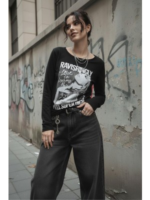 Siyah Ravishingly Vintage Y2K Uzun Kollu Crop