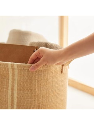 Ağzı Büzgülü Çizgili Jüt Çamaşır Sepeti 36 x 40 cm