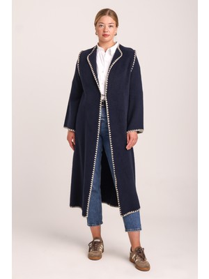 uludağ triko Kadın Lacivert Çoban Nakış Detaylı Uzun Triko Kimono Panço