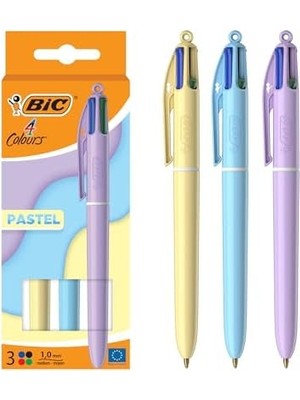 4 Colours Pastel Gövde Tükenmez Kalem 3'lü Blister, 4 Farklı Renk (Mavi, Siyah,yeşil ve Kırmızı), 1.0 Mm. Uç